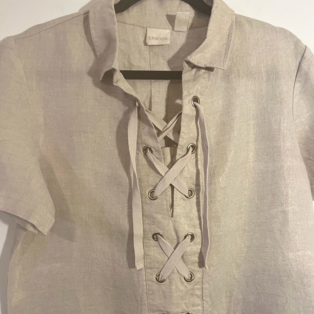 Chicos Oatmeal Foiled Waxed Metallic Linen Lace Up Shift Dress 1.5 - Picture 4 of 9